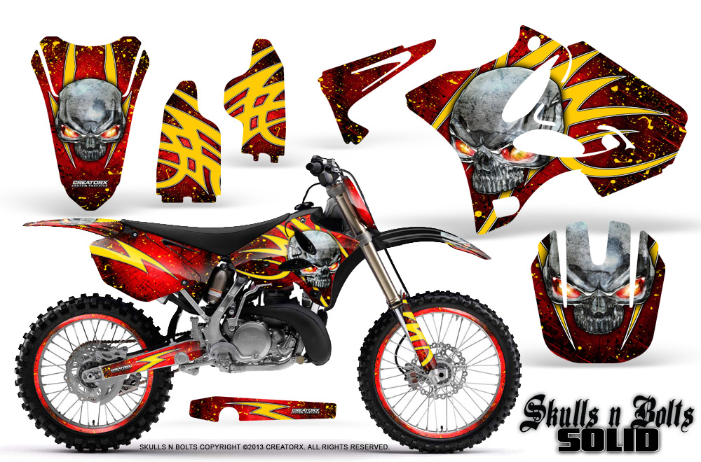 Yamaha YZ125-YZ250 02-12 Graphics Kit Skulls n Bolts Solid Yellow Red NP Rims